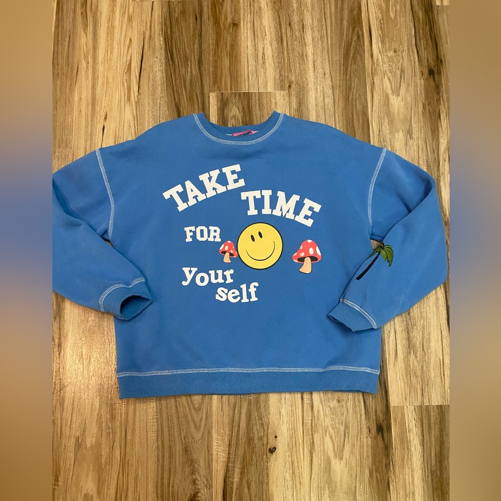 EDIKTED ‘TAKE TIME FOR YOURSELF’ GRAPHIC CREWNECK SWEATSHIRT ROYAL BLUE SZ MED